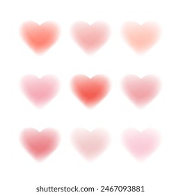 Y2k style blurred gradient hearts. Blurry heart aura aesthetic elements. Trendy girly retro groovy style. Modern minimalist design element with blur gradients for logo vector template set