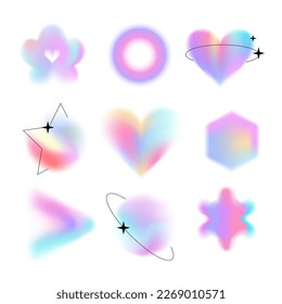 Y2k style blurred gradient shapes set and linear forms   sparkles  blurry heart   circles aura aesthetic elements  Modern minimalistic signs and blur holo lilac gradients  Vector design 