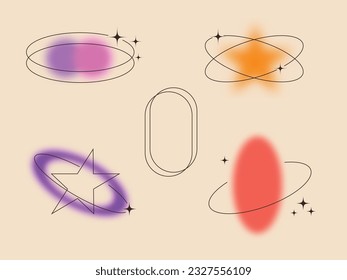 Y2k style blurred gradient shapes with linear forms and sparkles, blurry aesthetic vector elements