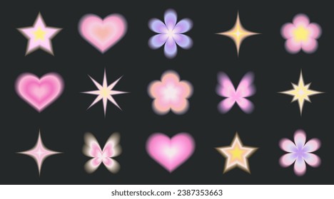 Y2k style blurred gradient shapes. Blurry flower, heart, star, butterfly  aesthetic elements. Abstract geometric shapes in trendy retro style.