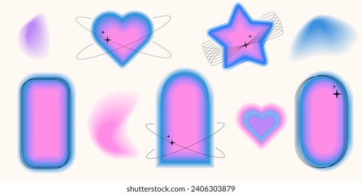 Y2k style blurred gradient shapes with linear forms and sparkles, blurry flower or heart aura aesthetic elements. Modern minimalist design element with blur gradients for logo vector template set