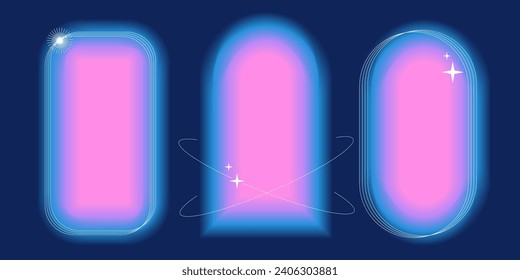 Y2k style blurred gradient shapes with linear forms and sparkles, blurry flower or heart aura aesthetic elements. Modern minimalist design element with blur gradients for logo vector template set