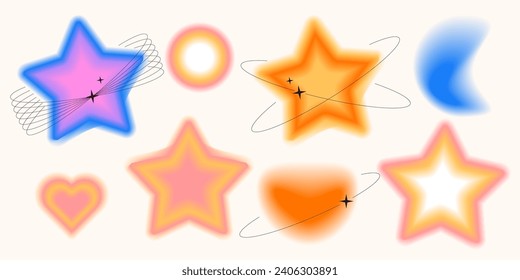 Y2k style blurred gradient shapes with linear forms and sparkles, blurry flower or heart aura aesthetic elements. Modern minimalist design element with blur gradients for logo vector template set