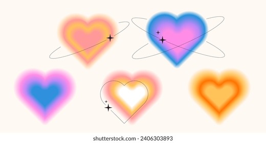 Y2k style blurred gradient shapes with linear forms and sparkles, blurry flower or heart aura aesthetic elements. Modern minimalist design element with blur gradients for logo vector template set
