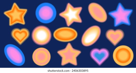 Y2k Stil unscharfe Farbverlauf-Formen mit linearen Formen und Funkeln, unscharfe Blume oder Herz-Aura ästhetischen Elementen. Modernes minimalistisches Design mit unscharfen Farbverläufen für Logo-Vektorgrafik-Vorlagenset