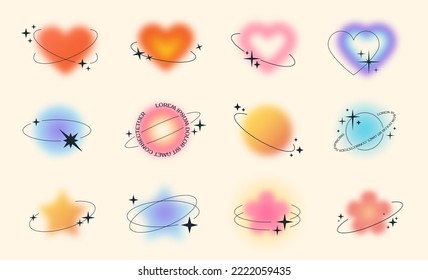 Y2k style blurred gradient shapes and linear forms   sparkles  blurry flower heart aura aesthetic elements  Modern minimalist design element and blur gradients for logo vector template set