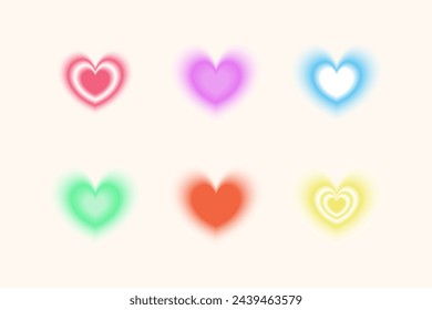 Y2K style blurred trendy hearts set. Retro 2000s design elements with an aura effect.