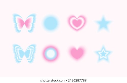 Y2K style blurred trendy shapes set. Butterfly, star, heart design elements.