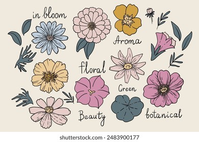 Y2K style botanical print with flowers, summer flowers set. Vector flowers set. Use as print, poster, element design, packaging, label, tattoo, clothes print, invitation,
stickers, greeting card.