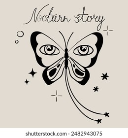 Y2k style butterfly print with mystical butterfly with lettering, use as clothes print, poster, postcard, invitation, greeting card, tattoo, design element, packaging, label.