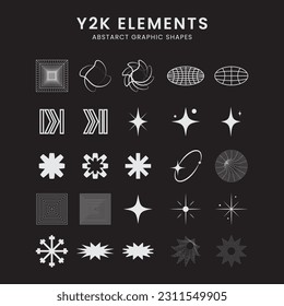 Y2k style element, retro-futuristic graphic ornaments on isolated black background. Aesthetic abstract Y2K vector shapes. Polyethylene packaging for the CD cover. Vector.