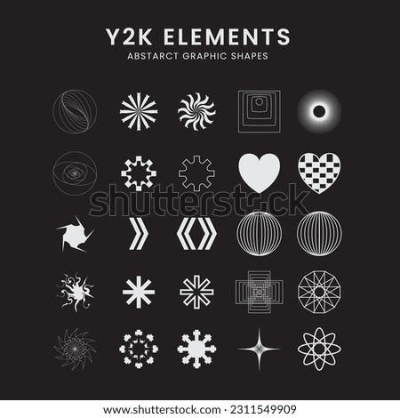 Y2k style element, retro-futuristic graphic ornaments on isolated black background. Aesthetic abstract Y2K vector shapes. Polyethylene packaging for the CD cover. Vector.