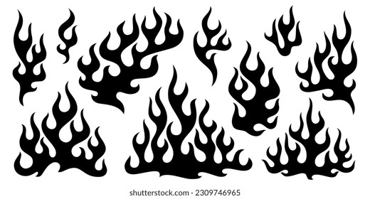 Y2K style fire, set of isolated flame elements inspired by tribal and tattoo design. Ideal for 2000s aesthetics, graphic and web design, apparel, album covers, posters. Abstract vector flame shapes