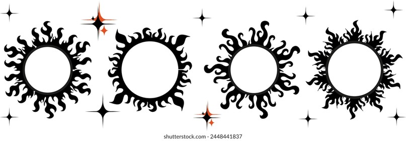 Y2k style flame frame set. Stars, fire, borders. Acid round fantasy border, horror gothic creepy oval. Vector illustration