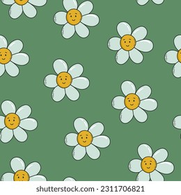 Fondo retro con chamóiles sonrientes. Patrón floral de estilo Y2K. Impresión vectorial de groovía con flores kawaii.

