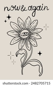 Y2k style flower print with eye and lettering, linear vector illustration in black and white. Use as clothes print, poster, postcard, invitation, greeting card, tattoo, design element, packaging