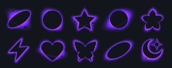 Y2K Style Forms With Purple Glowing Effect, Butterfly Silhouette With Neon Gradient Glow. Trendy black Moon And Heart Aura Aesthetic Design Element With Sparkles and Violet Blur Gradients Vector Set