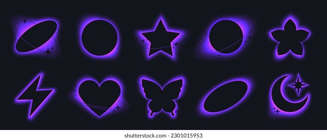 Y2K style forms and purple glowing effect  butterfly silhouette and neon gradient glow  Trendy black moon   heart aura aesthetic design element and sparkles and violet blur gradients vector set