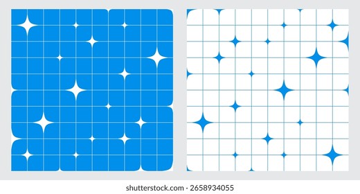 Y2K style geometric seamless pattern with abstract stars and linear grid minimal cartoon bauhaus aesthetic vector design for wallpapers backgrounds and creative prints