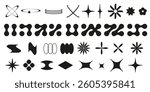 Y2k style geometric shape and symbol collection - black silhouette vector set of stars and flowers, ovals and blobs, abstract forms and metaballs. 2000s design elements for retro futuristic creation.