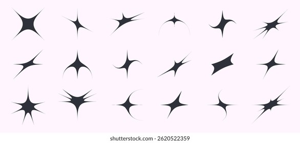 Y2k style geometric sparkling star icon set. Deformed twinkle and bursts shapes