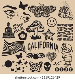 Y2K style, Graphic sticker set, Butterfly, Mushroom, Tiger, Moth, Amiley Face, Vector