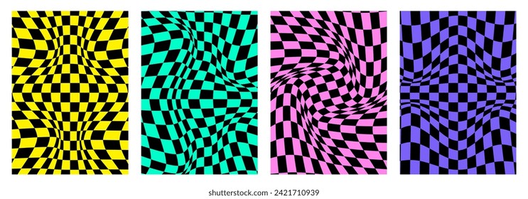 Y2k style Groovy hippie 70s backgrounds. Twisted and distorted checkerboard, chessboard pattern. Psychedelic vector texture in trendy retro style.