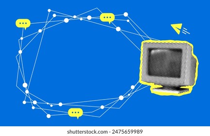 Y2k style halftone old computer. Modern collage. Internet network. Communication and connection concept. Global social network. Data analytics concept.