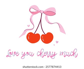 Y2K style Happy Valentine's Day greeting card. Two cherries with coquette bow and holographic lettering. Love you cherry much quote. Cute hand drawn vector illustration.