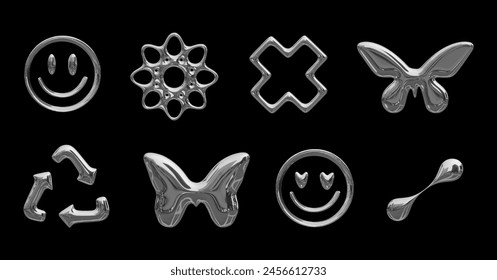 Y2K style metal elements. Set of metallic chrome liquid elements in 2000s style on black background. Metal signs emoticon, butterfly, cross, arrows