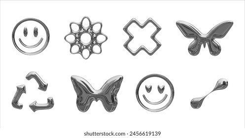 Y2K style metal isolated elements. Set of metallic chrome liquid elements in 2000s style on transparent background. Metallic signs emoticon, butterfly, cross, arrows