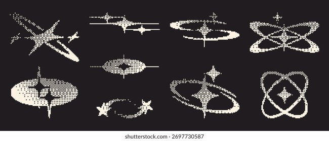 Pixel-Stern-Symbol im Y2k-Stil mit glitzernden Elementen und Halbtongradienten auf dunklem Hintergrund. Digitale Retro-Grafiken - Sterne im Orbit, dekorative Bursts und abstrakte Formen für nostalgisches Webdesign.