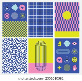 Y2k style prints for cover. Checker board print. Trendy stickers. Retro elements. Flat design. Bright colors and funky style. Neon , zine aesthetic. Vectored shapes, retro vibes. Pink, violet, yellow