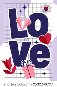 Y2k style Saint Valentines day banner vector layout with gifts, hearts, bows, and ribbons with different geometric shapes. Valentine Sale promotion. Vector Valentine illustration for greeting card.