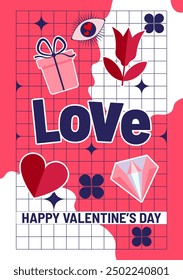 Y2k style Saint Valentines day banner vector layout with gifts, hearts, bows, and ribbons with different geometric shapes. Valentine Sale promotion. Vector Valentine illustration for greeting card.