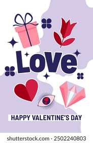 Y2k style Saint Valentines day banner vector layout with gifts, hearts, bows, and ribbons with different geometric shapes. Valentine Sale promotion. Vector Valentine illustration for greeting card.