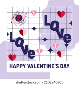 Y2k style Saint Valentines day banner vector layout with gifts, hearts, bows, and ribbons with different geometric shapes. Valentine Sale promotion. Vector Valentine illustration for greeting card.