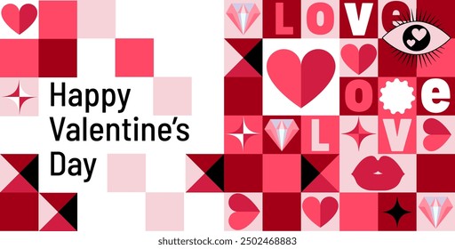 Y2k style Saint Valentines day banner vector layout with gifts, hearts, bows, and ribbons with different geometric shapes. Valentine Sale promotion. Vector Valentine illustration for greeting card.