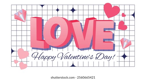 Y2k style Saint Valentines day banner layout with different geometric shapes. Valentine Sale promotion. Vector Valentine illustration for greeting card. 3d Love word against checkered background.