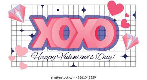 Y2k style Saint Valentines day banner layout with different geometric shapes. Valentine Sale promotion. 3d xoxo, hugs and kisses word against checkered background.