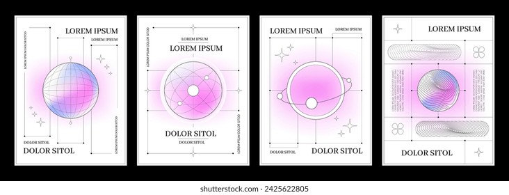 Plantilla de diseño de póster simple estilo Y2k con fondo degradado rosa pastel y púrpura, elementos geométricos abstractos de cuadrícula y tipografía. Conjunto de vectores de diseño de banner holográfico estético de la década de 2000.