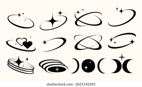 Y2K style starbursts sparkles and orbit shapes with a retro futuristic aesthetic ideal for digital collages social media layouts fashion prints web graphics branding and stickers. Elements Vector Set
