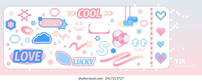 Y2k style stickers set isolated on white background. Vector illustration of pink, blue, yellow love, cool, lucky, star patches, pixel heart, flower, emoji shape icons, retro vibe design elements