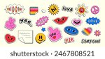 Y2k style stickers. Teen trendy doodles set in 90s and 2000s style. Vector stickers of heart, hand, sun, star, wow, planet. Pop Art Graphic Elements.