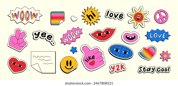 Y2k style stickers. Teen trendy doodles set in 90s and 2000s style. Vector stickers of heart, hand, sun, star, wow, planet. Pop Art Graphic Elements.