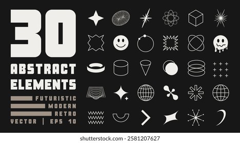 Y2K style symbols and geometric graphic elements. Collection of abstract and geometric postmodern design elements in Y2K style. Brutalist shapes, futuristic meshes, icons, and symbols. Vector