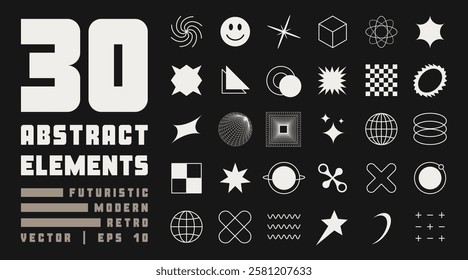 Y2K style symbols and geometric graphic elements. Collection of abstract and geometric postmodern design elements in Y2K style. Brutalist shapes, futuristic meshes, icons, and symbols. Vector