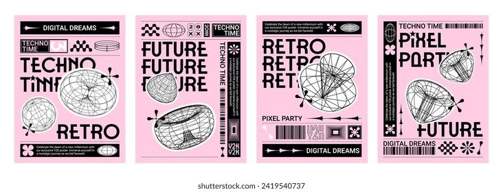 Y2k style techno banners set. Vector realistic illustration of retrowave aesthetic posters with black, white wireframe torus, cone, text on pink background, retro futuristic vibe announcement flyers