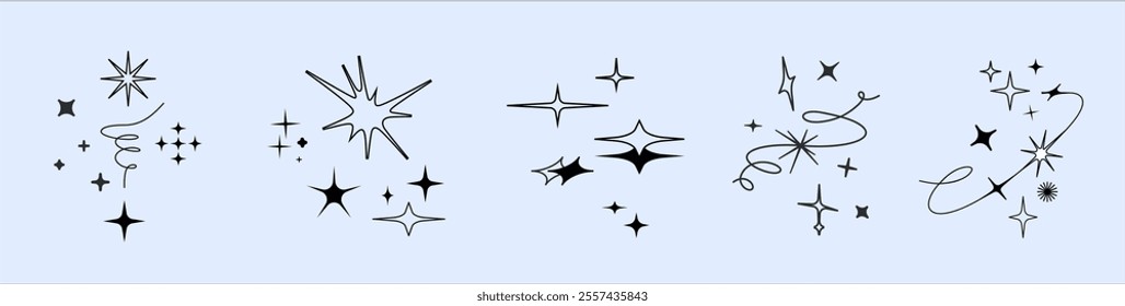 Y2k style Twinkle star figures, tattoo bling shapes. Magical sparkle flash, shiny shine. The fireworks flicker, blink, the figures sparkle and glow.