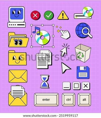 y2k style vector icon set of retro computer interface,
vintage and dialog window 90's, nostalgic os element 